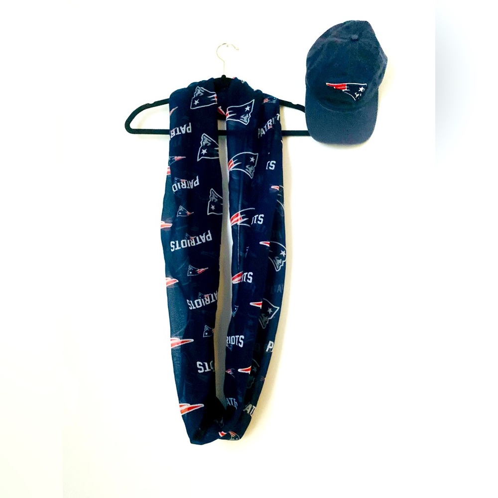 New England Patriots scarf and cap.